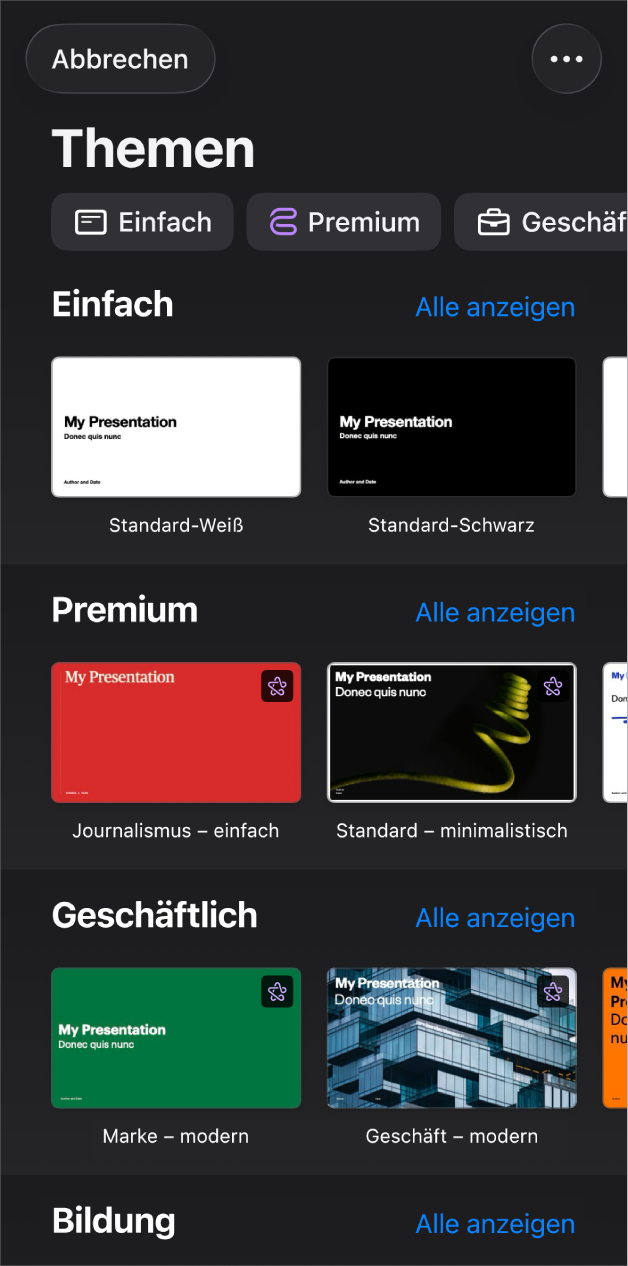 Die Themenauswahl zeigt oben eine Zeile mit Kategorien, auf die du tippen kannst, um die Optionen zu filtern. Unten befinden sich die Miniaturen der vordefinierten Themen in Zeilen nach Kategorie sortiert, angefangen bei „Neu“ oben und gefolgt von „Minimal“ und „Fett“. Die Taste „Alle anzeigen“ befindet sich über und rechts von jeder Kategoriezeile. Die Taste „Abbrechen“ befindet sich oben links.
