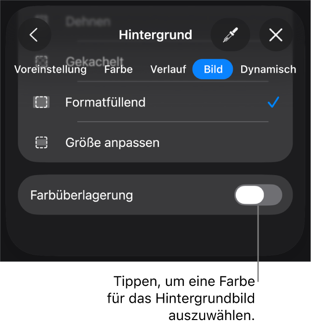 Die Steuerelemente „Hintergrund“ mit einem Bild, das als Folienhintergrund festgelegt ist, und dem Steuerelement „Farbüberlagerung“ unten.