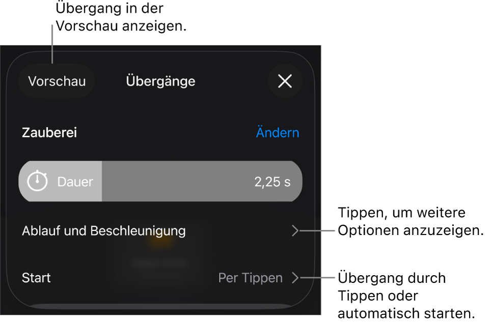 Steuerelemente für „Zauberei“ im Bereich „Übergänge“