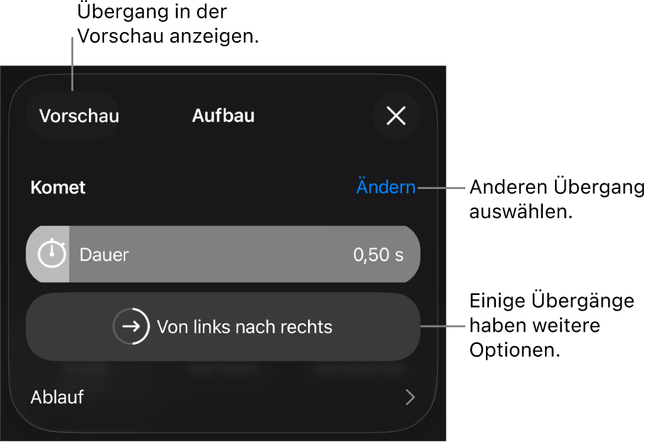 Steuerelemente im Bereich „Optionen“ zum Ändern eines Übergangs