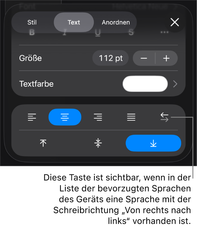 Die Textsteuerelemente im Menü „Format“ mit einer Beschreibung der Taste „Von rechts nach links“