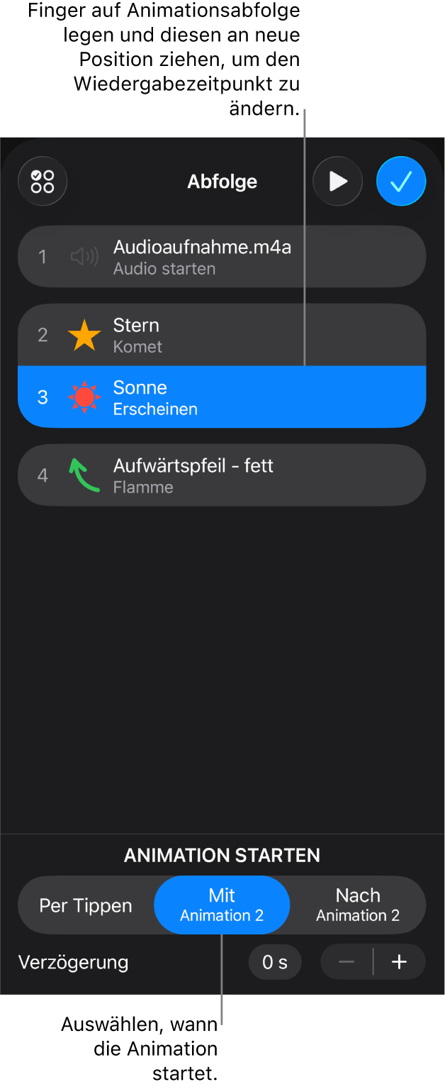 In der Liste „Animationsabfolge“ werden die Aufbaueffekte mit gelben Badges und die Abbaueffekte mit grauen Badges angezeigt