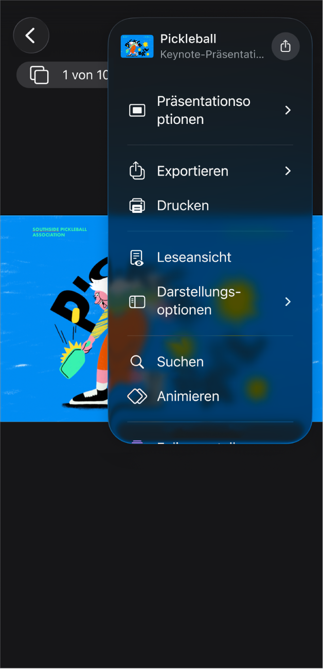Die App „Keynote“ mit den geöffneten Funktionen „Exportieren“ im Menü „Mehr“ in der Symbolleiste.
