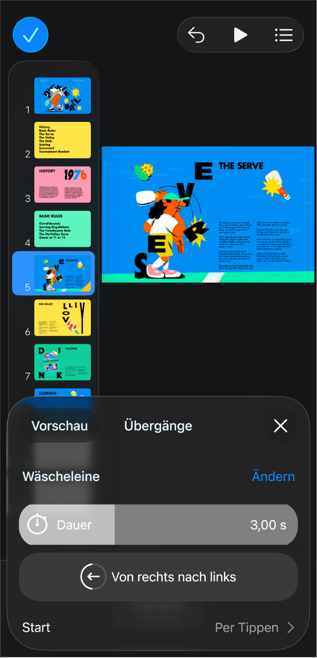 Die App „Keynote“ mit einer ausgewählten Folie im Foliennavigator auf der linken Seite des Bildschirms. Die Taste „Übergang“ wird im Menü rechts von der ausgewählten Folie angezeigt.