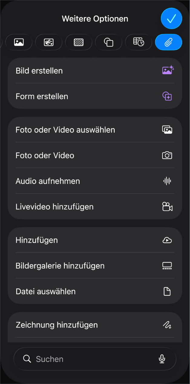 Das Menü „Medien“ mit Tasten zum Hinzufügen und Aufnehmen von verschiedenen Medienobjekten.