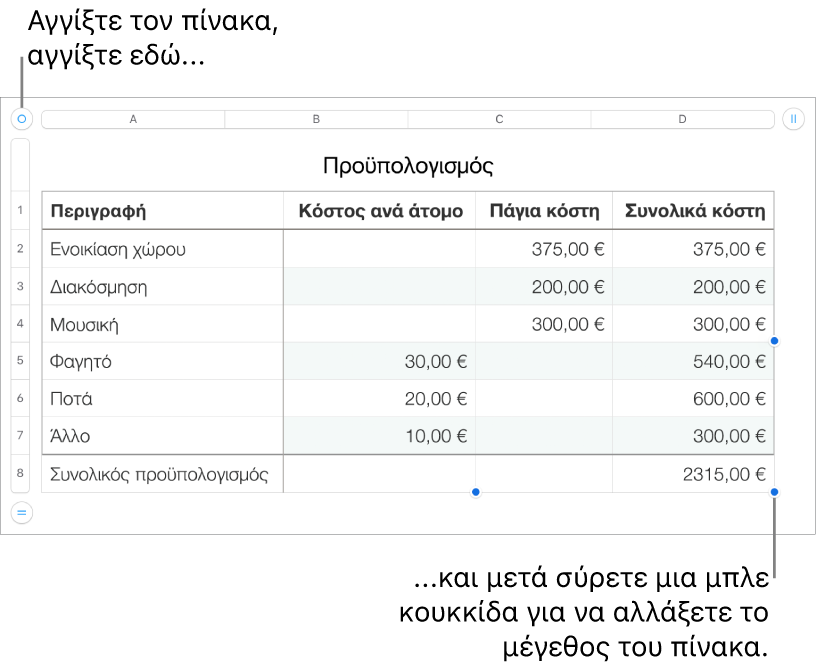 Επιλεγμένος πίνακας με μπλε κουκκίδες για αλλαγή μεγέθους.