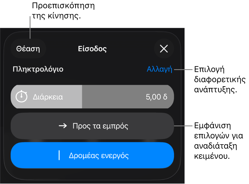 Οι επιλογές Εισόδου περιλαμβάνουν τη «Διάρκεια», την «Κίνηση κειμένου» και την «Παράδοση». Αγγίξτε «Αλλαγή» για να επιλέξετε μια διαφορετική ανάπτυξη ή αγγίξτε «Θέαση» για να δείτε σε προεπισκόπηση την ανάπτυξη.