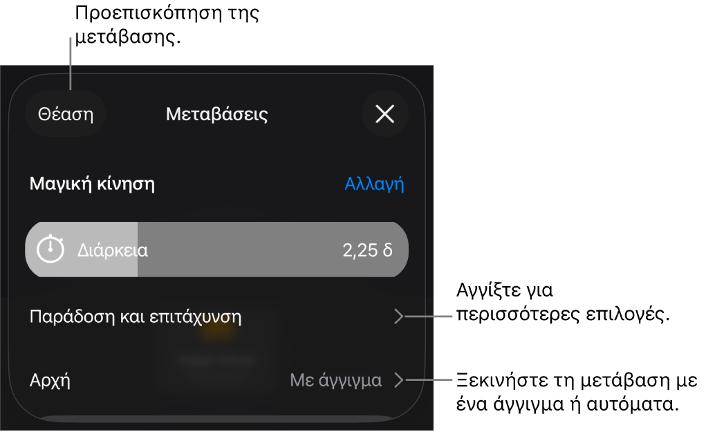 Στοιχεία ελέγχου Μαγικής Κίνησης στο τμήμα «Μεταβάσεις».