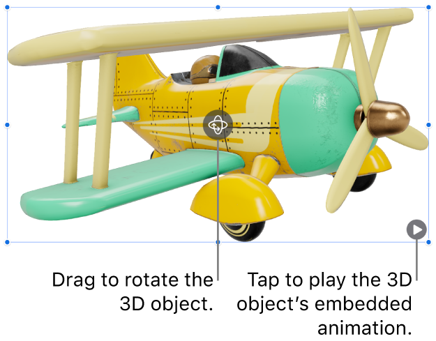A 3D object with the Rotate button in the middle of the object, and the Play button in the lower-right corner.