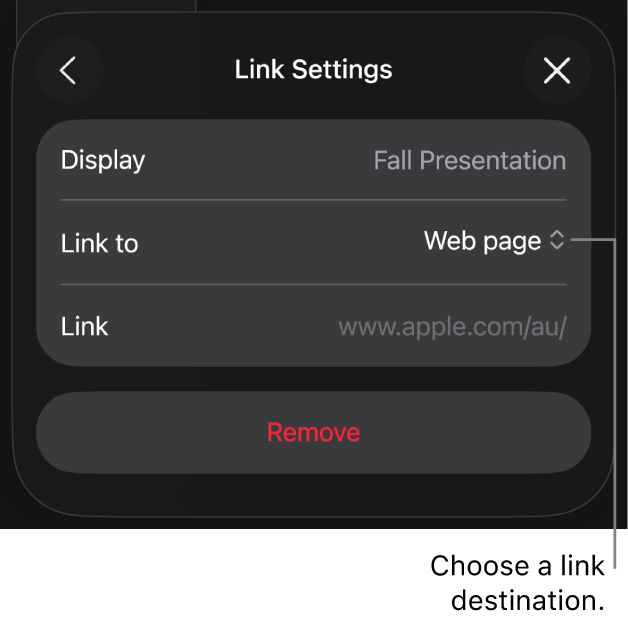 The Link Settings controls with Web Page selected, and the Remove button at the bottom.