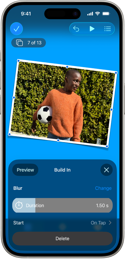 Animation controls for the image that’s selected on the slide. At the bottom of the screen are controls for the Build-In effect being used.