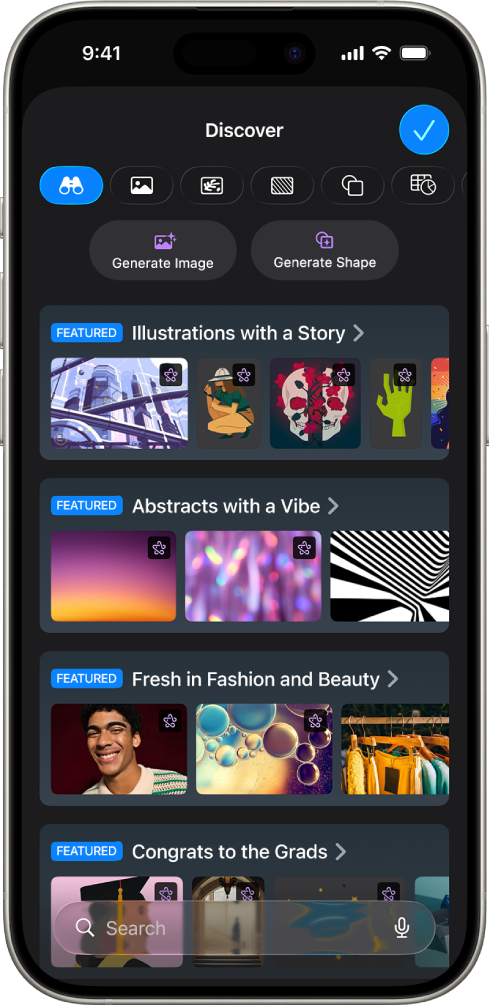 The Discover category of the Content Hub showing options to generate an image or add premium images to a slide.