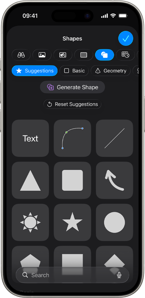The Insert menu with buttons across the top to add tables, charts, shapes and media.