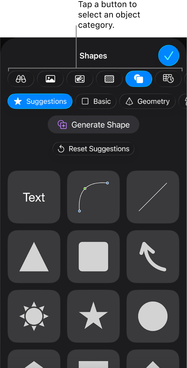 The controls for adding an object, with buttons at the top to choose tables, charts, shapes (including lines and text boxes), and media.