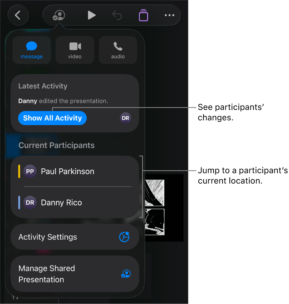 The collaboration menu with current participants listed.