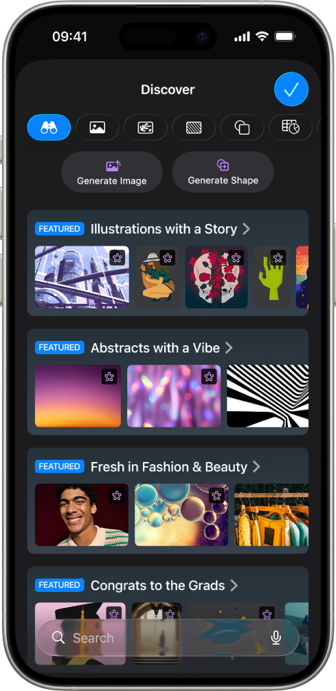 The Discover category of the Content Hub showing options to generate an image or add premium images to a slide.