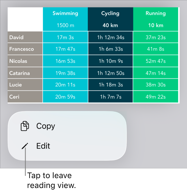 A table is selected, and below it is a menu with Copy and Edit buttons.