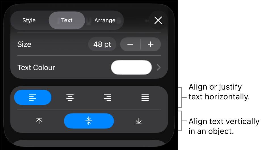 The Alignment section of the Format button with callouts to text alignment buttons.