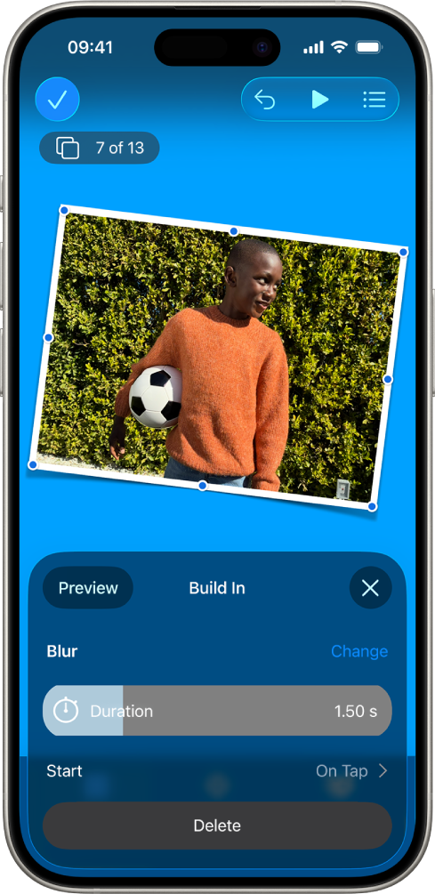 Animation controls for the image that’s selected on the slide. At the bottom of the screen are controls for the Build-In effect being used.