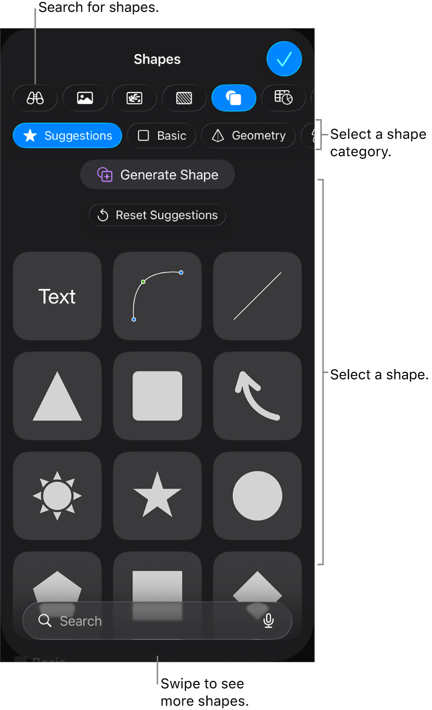 The shapes library, with categories at the top and shapes displayed below. You can use the search field at the top to find shapes and swipe to see more.