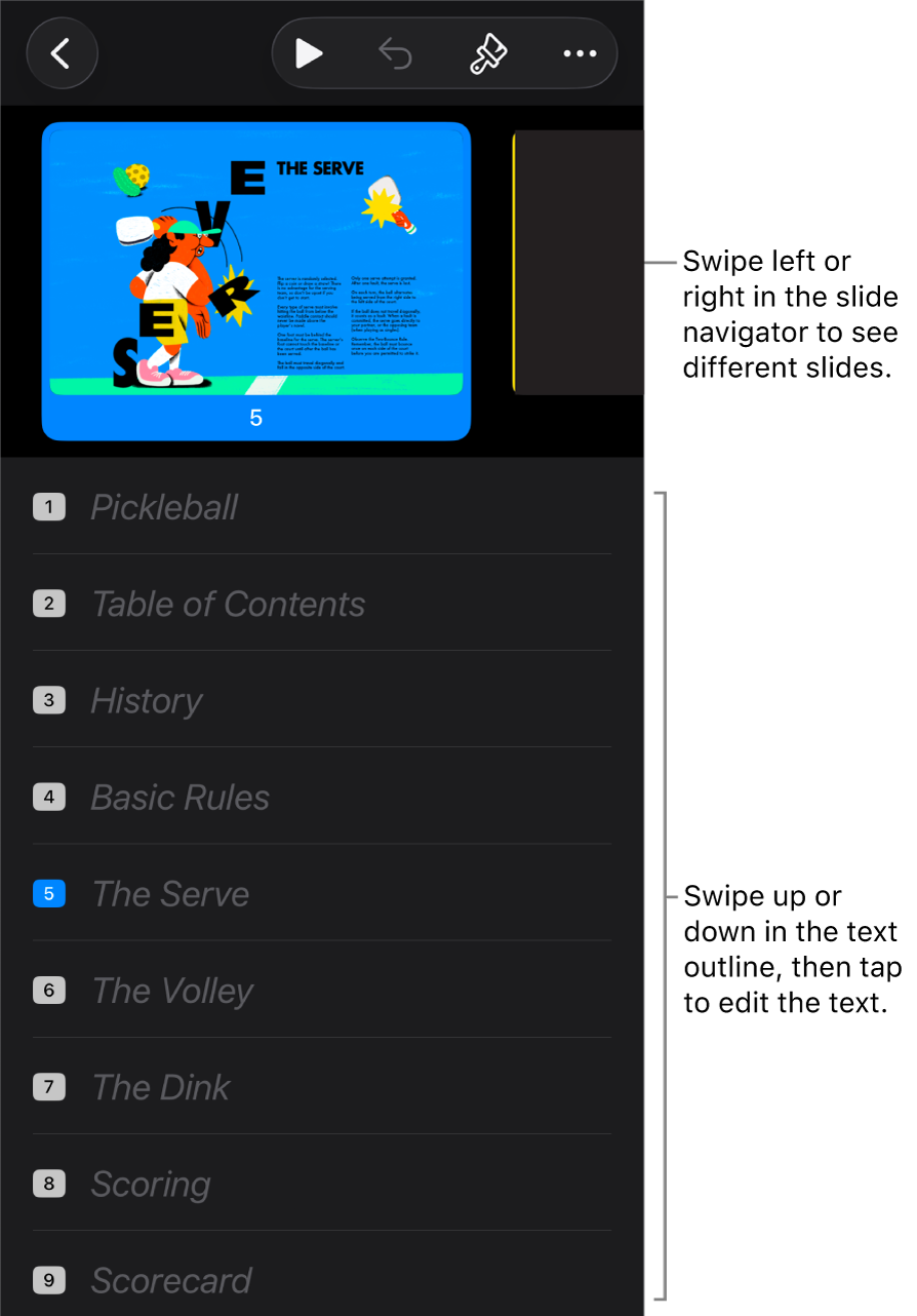 Outline view with the horizontal slide navigator at the top of the screen, and the text outline at the bottom.