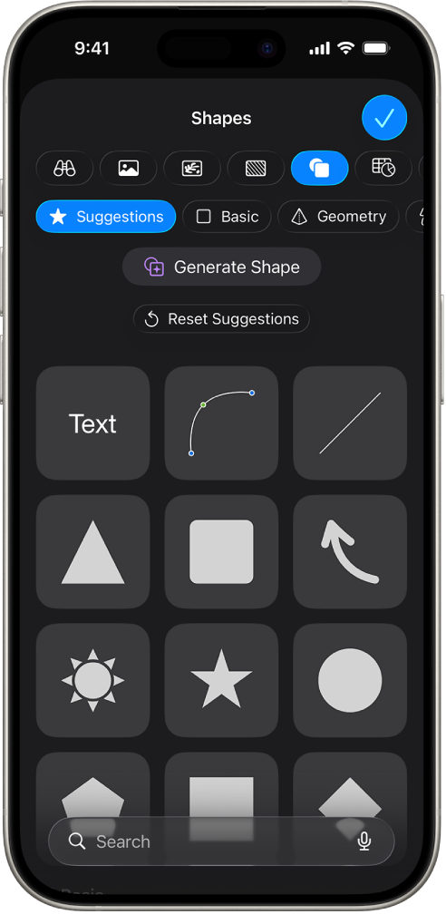 The Insert menu with buttons across the top to add tables, charts, shapes, and media.