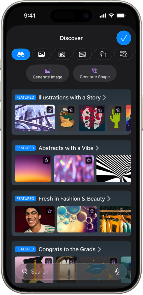 The Discover category of the Content Hub showing options to generate an image or add premium images to a slide.