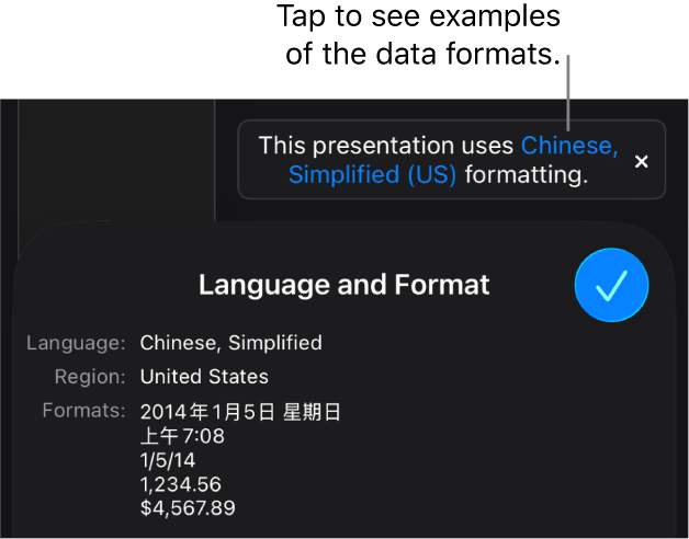 The notification of the different language and region setting, showing examples of the formatting in that language and region.
