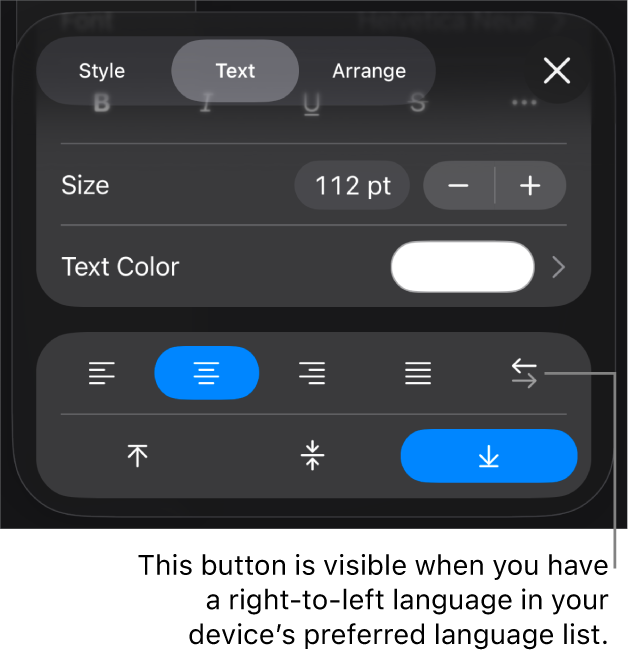 Text controls in the Format menu, with a callout to the Right to Left button.