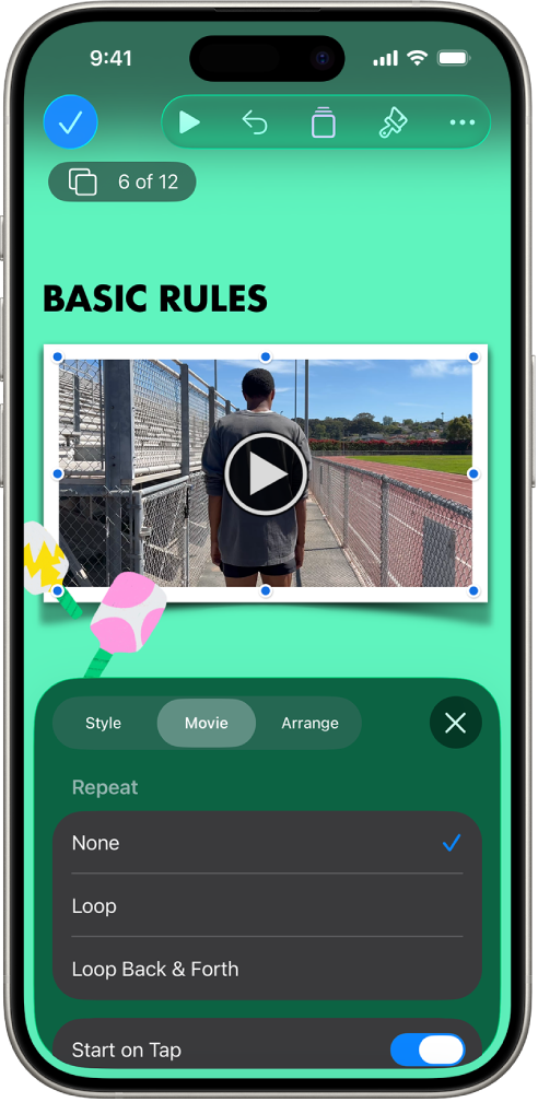 The Format controls for changing the size and appearance of the selected video. Style, Movie, and Arrange buttons are across the top of the controls.