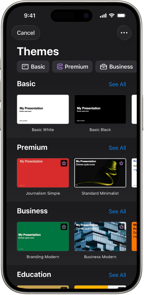 The theme chooser, showing a row of categories across the top that you can tap to filter the options. Below are thumbnails of predesigned themes arranged in rows by category.
