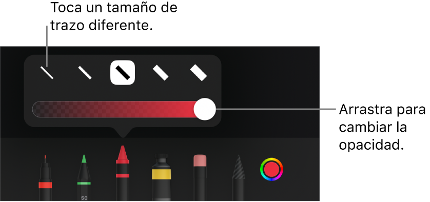 Controles para elegir el tamaño del trazo y selector para ajustar la opacidad.