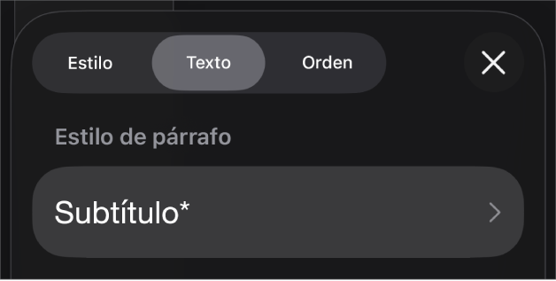 Un estilo de párrafo con un asterisco junto a él y un botón Actualizar a la derecha.