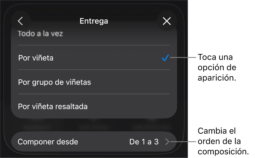 Opciones de Entrega en el panel Entrada.