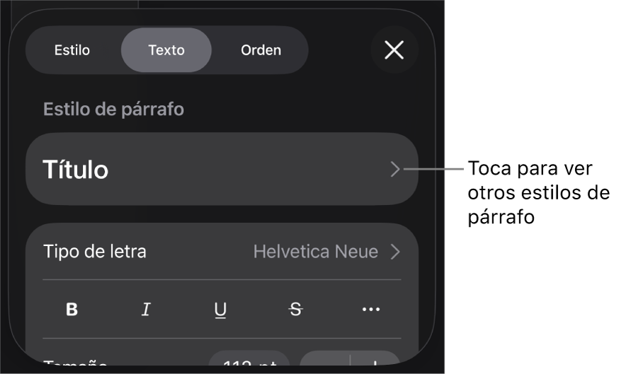 El menú Formato mostrando los controles de texto para configurar los estilos de párrafo y carácter, tipo de letra, tamaño y color.
