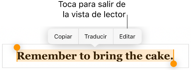 Se selecciona una oración y arriba hay un menú contextual con los botones Copiar y Editar.