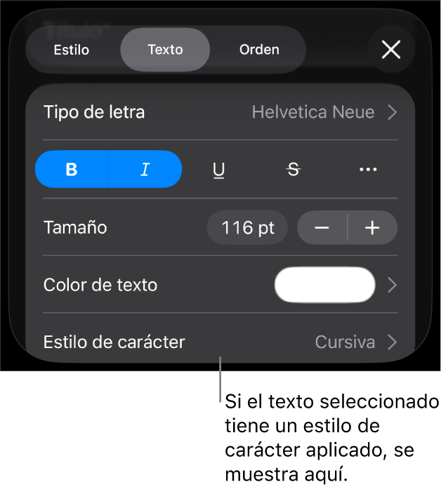 Los controles de formato de texto con Estilo de carácter debajo de los controles de color. El estilo de carácter Ninguno aparece con un asterisco.