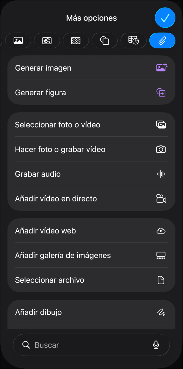 El menú Multimedia con botones para añadir y grabar varios objetos multimedia.