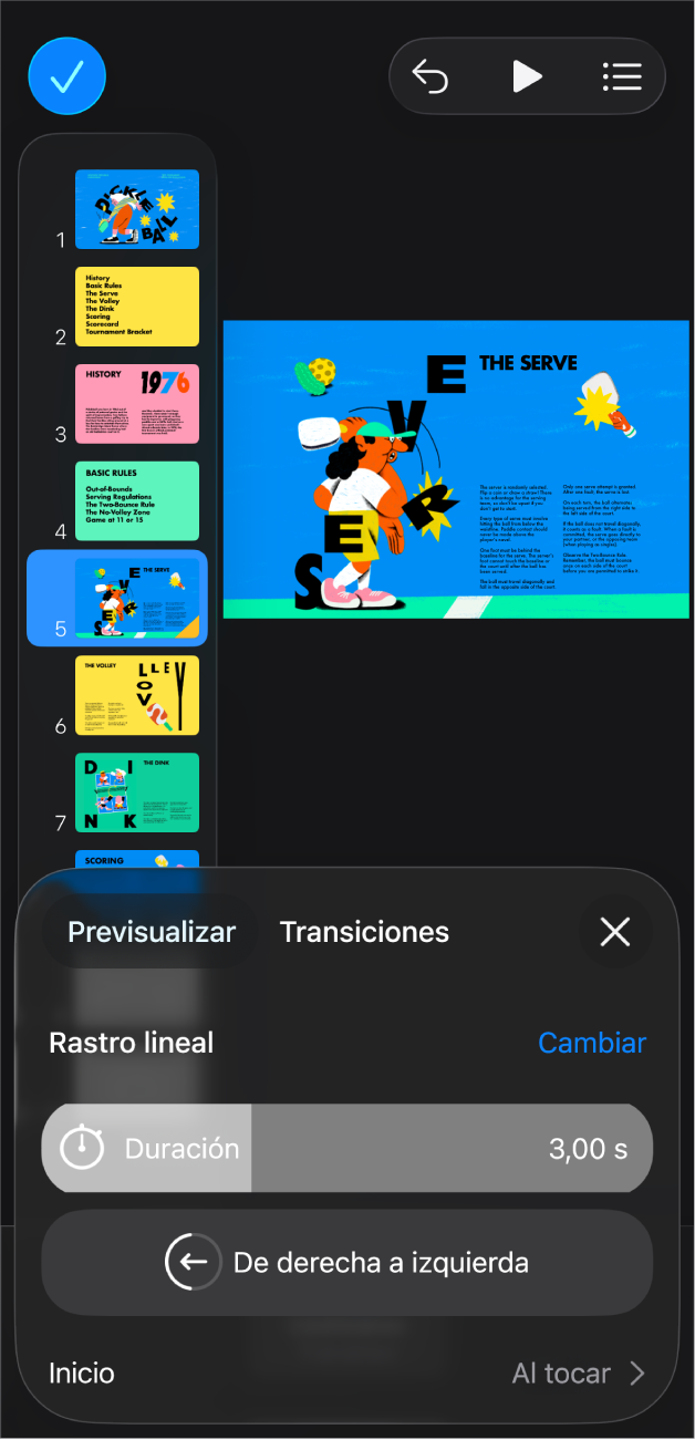 La app Keynote con una diapositiva seleccionada en el navegador de diapositivas en el lazo izquierdo de la pantalla. El botón Transición aparece en el menú a la derecha de la diapositiva seleccionada.