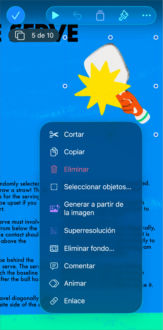 La app Keynote con un objeto seleccionado. El botón Animar aparece en el menú encima del objeto seleccionado.