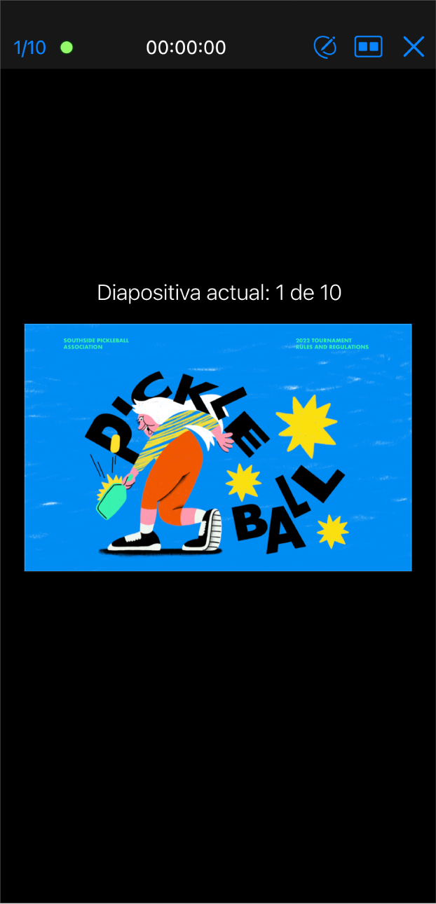 La app Keynote con la vista del presentador. La diapositiva actual aparece en el centro de la pantalla. Una barra de herramientas aparece en la parte superior de la pantalla con el contador de diapositivas a la izquierda, el tiempo en el centro y los botones Dibujo, Disposición y Salir a la derecha.