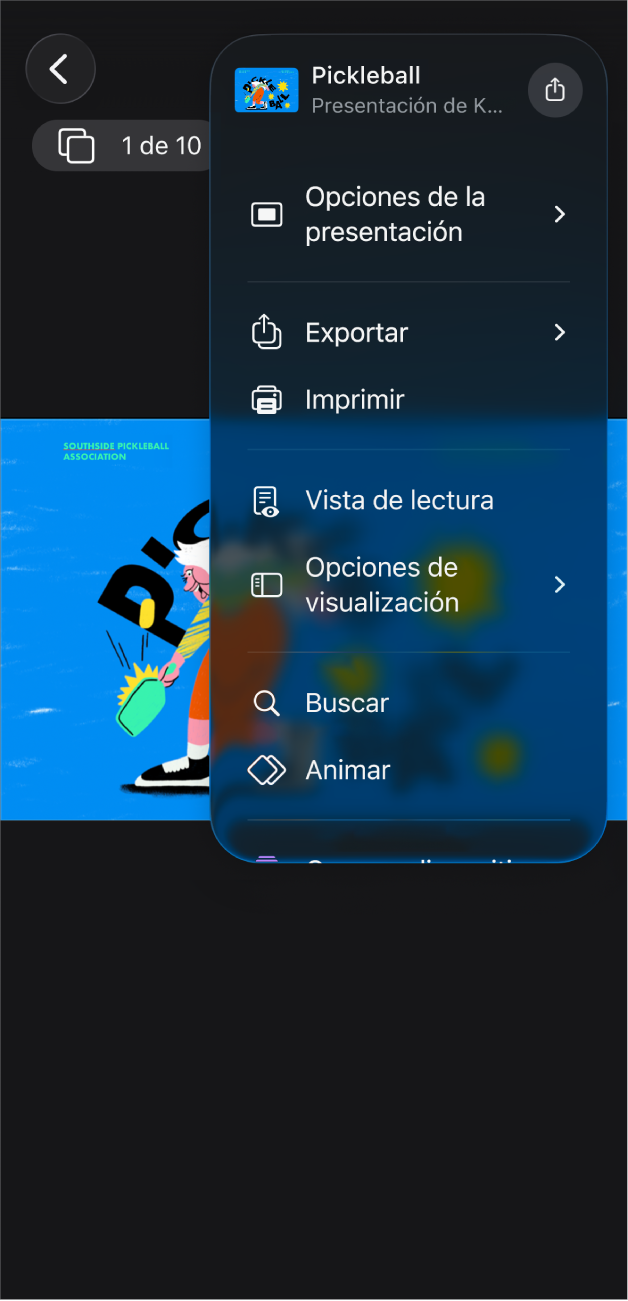 La app Keynote con las opciones de exportación abiertas en el menú Más de la barra de herramientas.