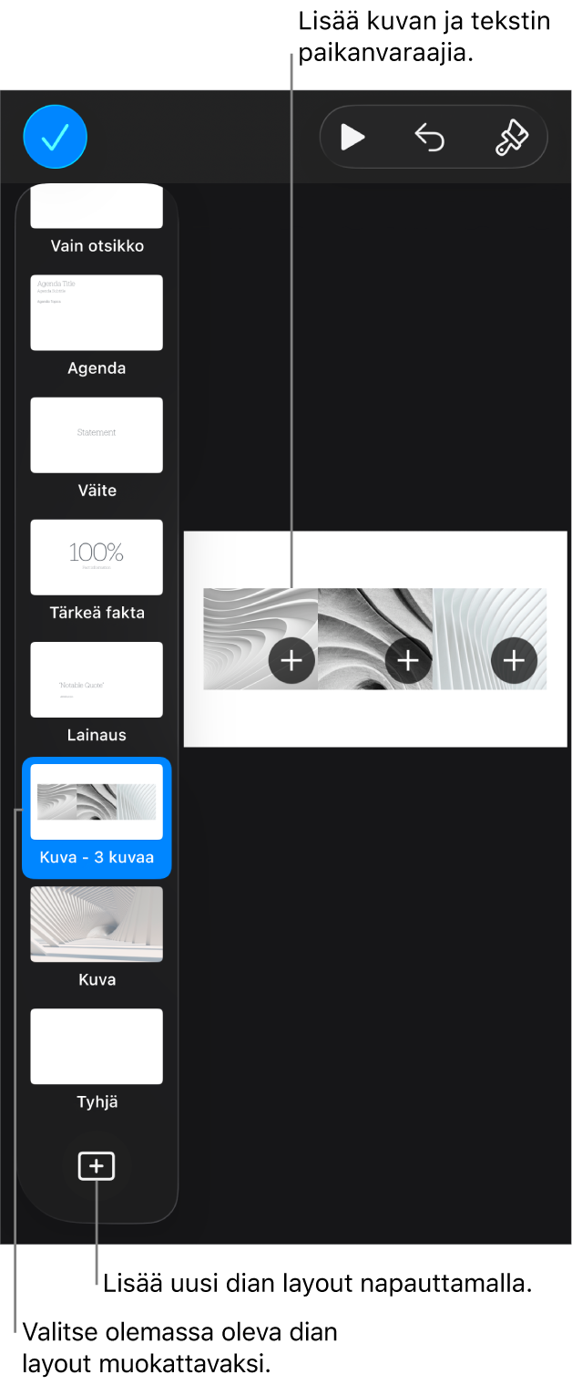 Dian layout diapohjalla ja Lisää dian layout ‑painike diojen rakennenäkymän alareunassa.