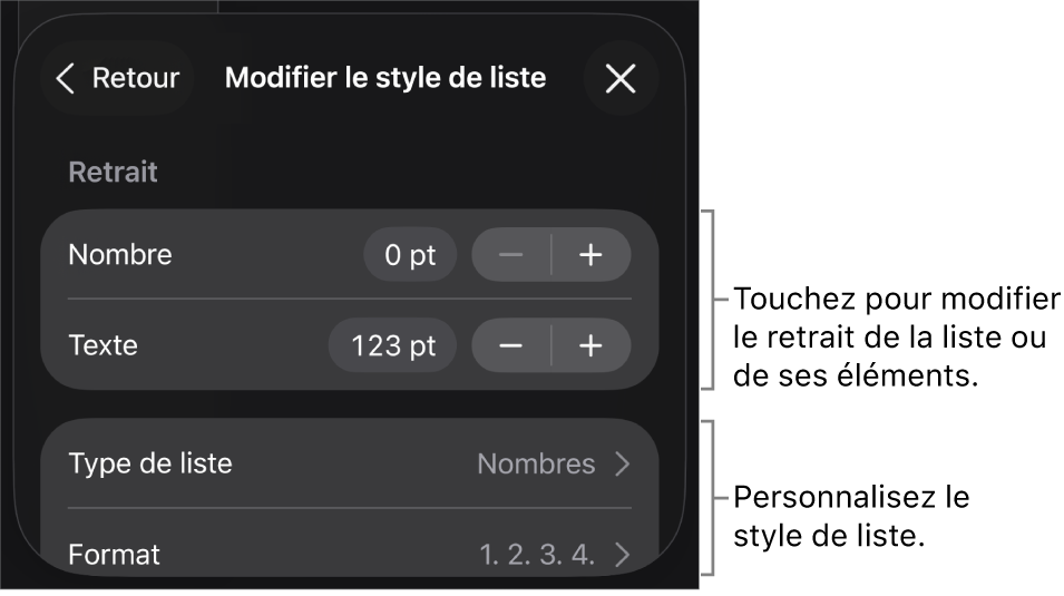 Menu Style de liste avec les commandes pour modifier le type et l’apparence de la liste.