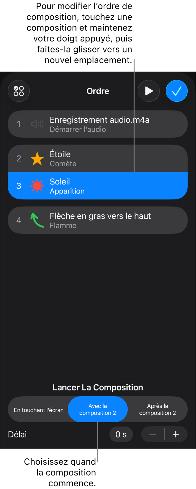 Liste Ordre de composition affichant les effets d’entrée avec des pastilles jaunes et les effets de sortie avec des pastilles grises.