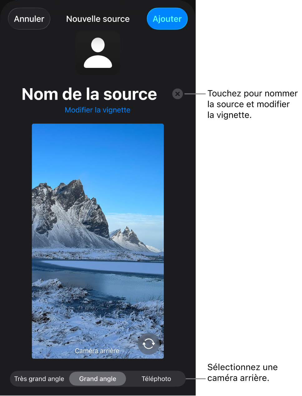Fenêtre Nouvelle source avec les commandes de modification de la vignette et du nom de la source au-dessus d’un aperçu en direct provenant de la caméra. Si votre iPhone possède plusieurs caméras arrière, des boutons permettant de les sélectionner sont affichés en bas de l’écran.