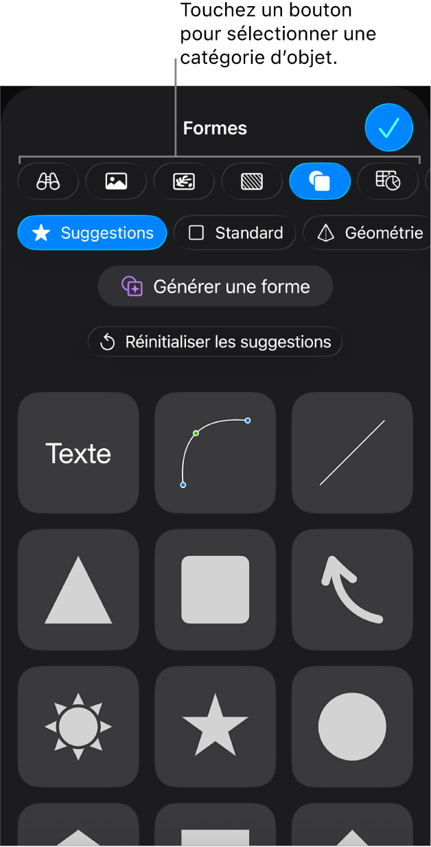 Commandes pour l’ajout d’un objet, avec des boutons en haut permettant de sélectionner des tableaux, des graphiques, des formes (notamment des lignes et zones de texte) et du contenu multimédia.