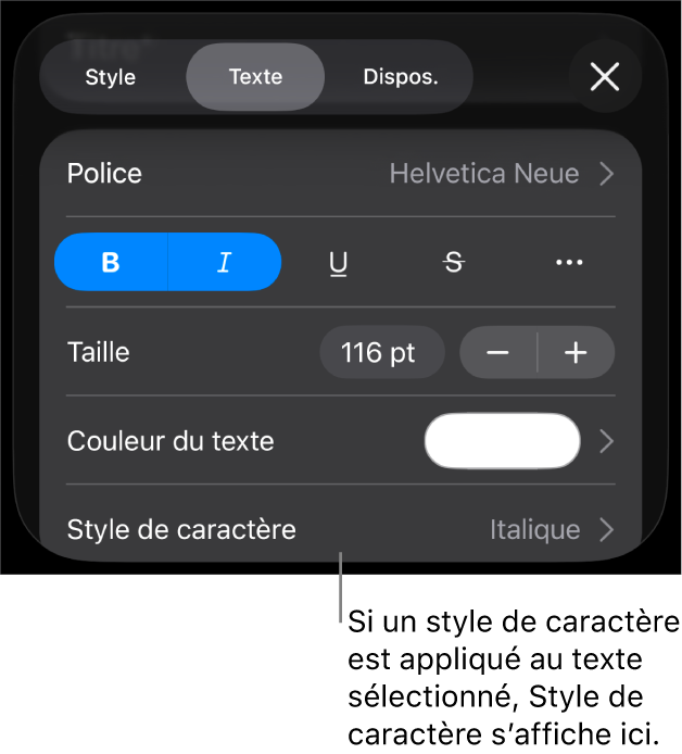 Commandes de mise en forme du texte avec Style de caractère sous les commandes de couleur. Style de caractère Aucun affiché avec un astérisque.
