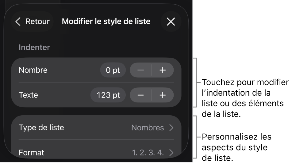 Le menu « Modifier le style de liste » avec des commandes permettant de modifier le type et l’apparence de la liste.