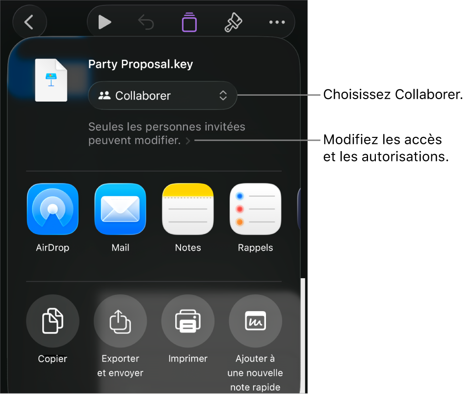 Le menu Partager avec l’option Collaborer sélectionnée en haut, et des réglages d’accès et d’autorisation en dessous.